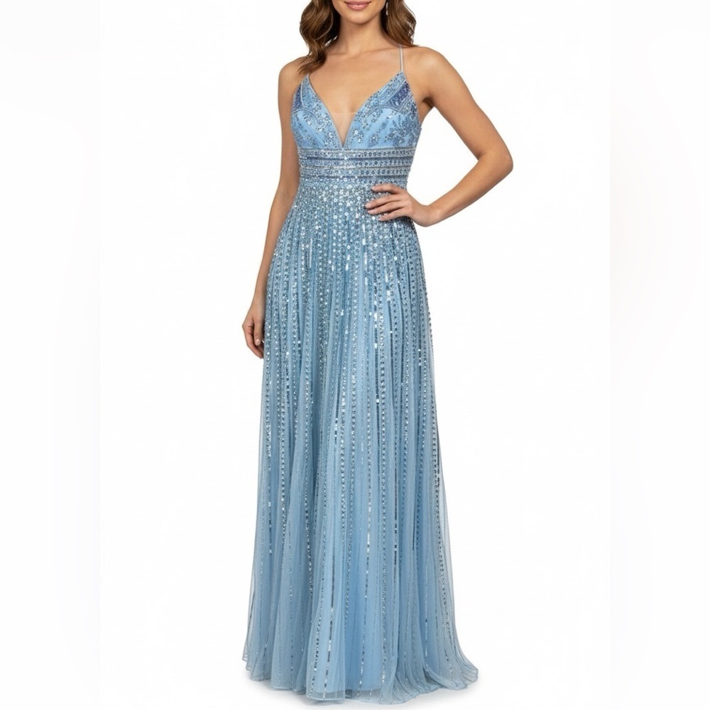 NWT Mac Duggal V Neck Spaghetti Strap Sequin Beaded Maxi Dress Gown Blue Sz 2